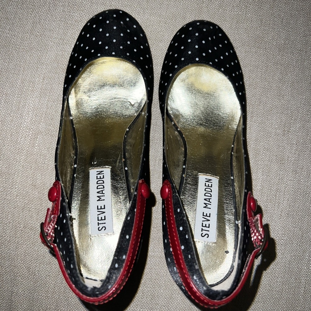 Retro Steve Madden Luvvy Black Polka Dot Heels Red Buckle Strappy 6M Rockabilly - Picture 4 of 11
